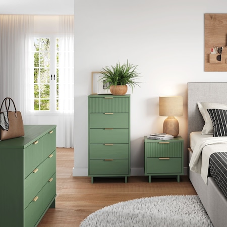 Manhattan Comfort Granville Sage Green 5-Drawer Tall Dresser, 6-Drawer Double Dresser, and 2-Drawer Nightstand GRAN073